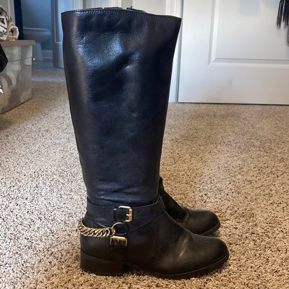 ALDO Black Leather Knee high boots with gold chain detail - Size 6 - Picture 1 of 4